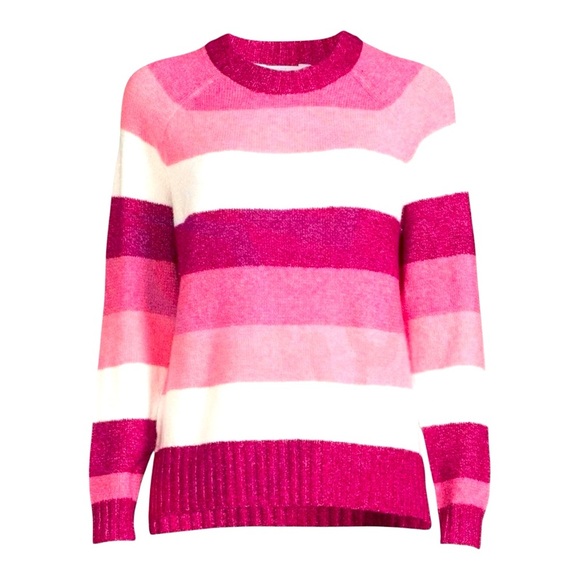 🌺 5 x 25 🌺 Time and Tru Women's Super Soft Pullover Pink Stripe Sweater SzM 8-10 - Picture 1 of 6